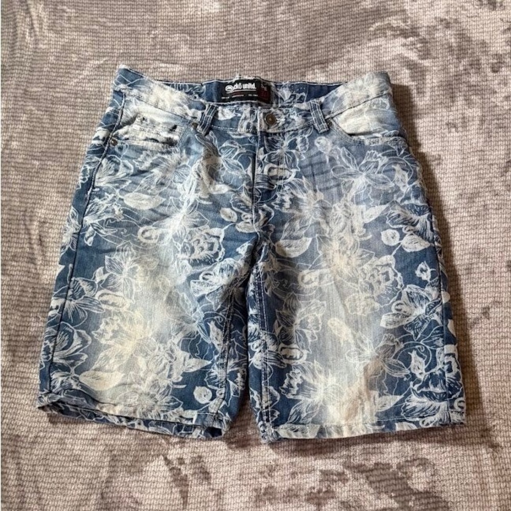 Ecko Unltd Mens Blue Floral Denim Shorts 34X10 Streetwear Graphic Print Y2K